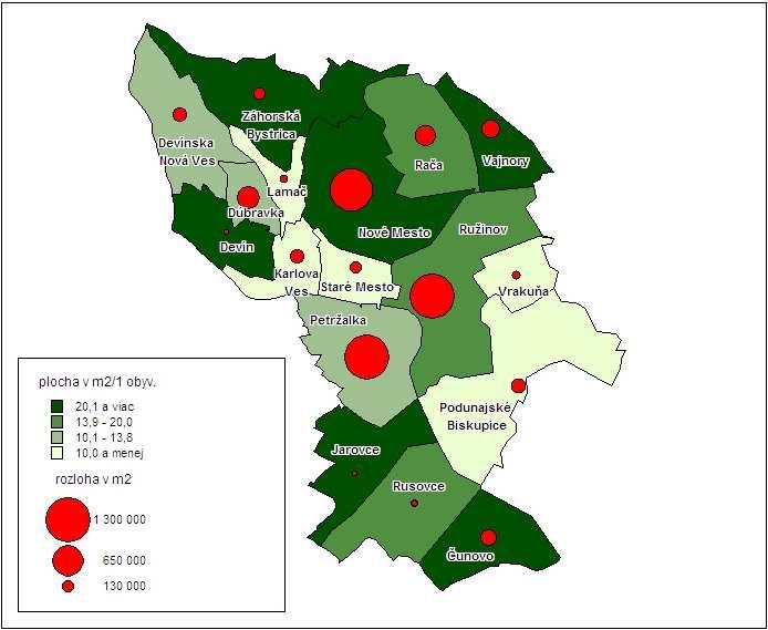 Obr. B.6.2: Rozmiestnenie plôch športu a rekreácie na území Bratislavy (2008, priemerná plocha 13,8 m 2 /obyv.) Zdroj: Územný generel športu a rekreácie Hl.