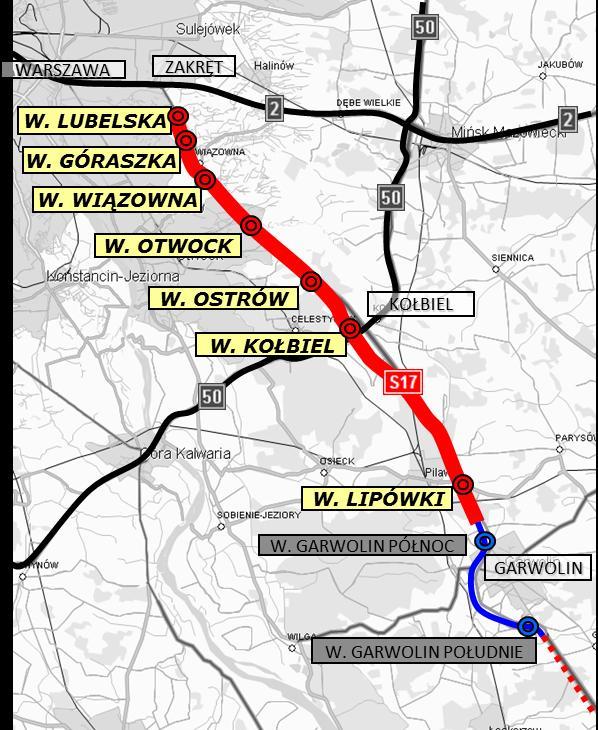 Zakres realizacji nawierzchni w technologii betonu cementowego Na terenie: - województwa mazowieckiego długość całego odcinka: 62,1 km Odcinki realizacyjne: 1. w. Lubelska pocz.