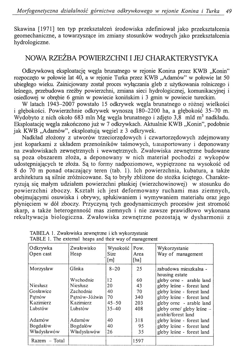 Morfogenetyczna działalność górnictwa odkrywkowego w rejonie Konina i Turka 49 Skawina [1971] ten typ przekształceń środowiska zdefiniował jako przekształcenia geomechaniczne, a towarzyszące im