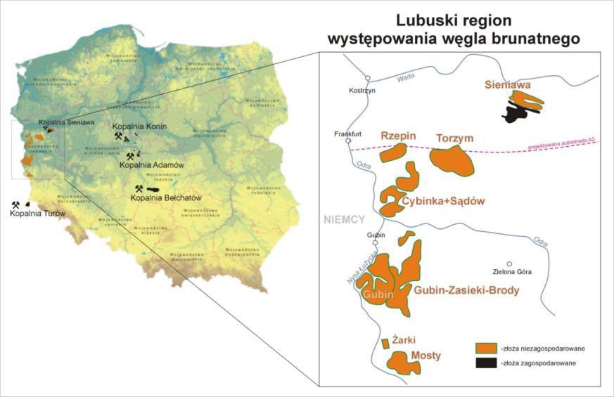 Rys. 10. Lokalizacja złóż lubuskich na mapie Polski (opracowanie własne) Fig. 10. Location of the deposits in the Lubuskie region Rys.