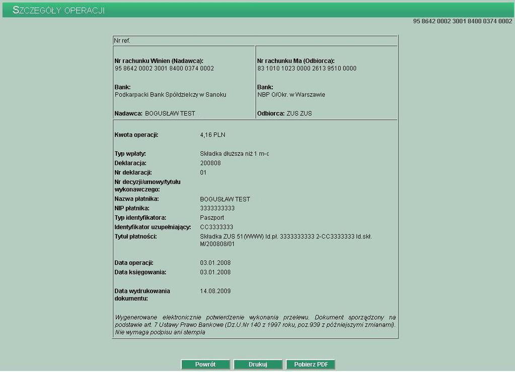 Wybór operacji z listy poprzez link z datą operacji w kolumnie Data operacji/data księgowania umożliwia wyświetlenie szczegółów wybranej operacji.