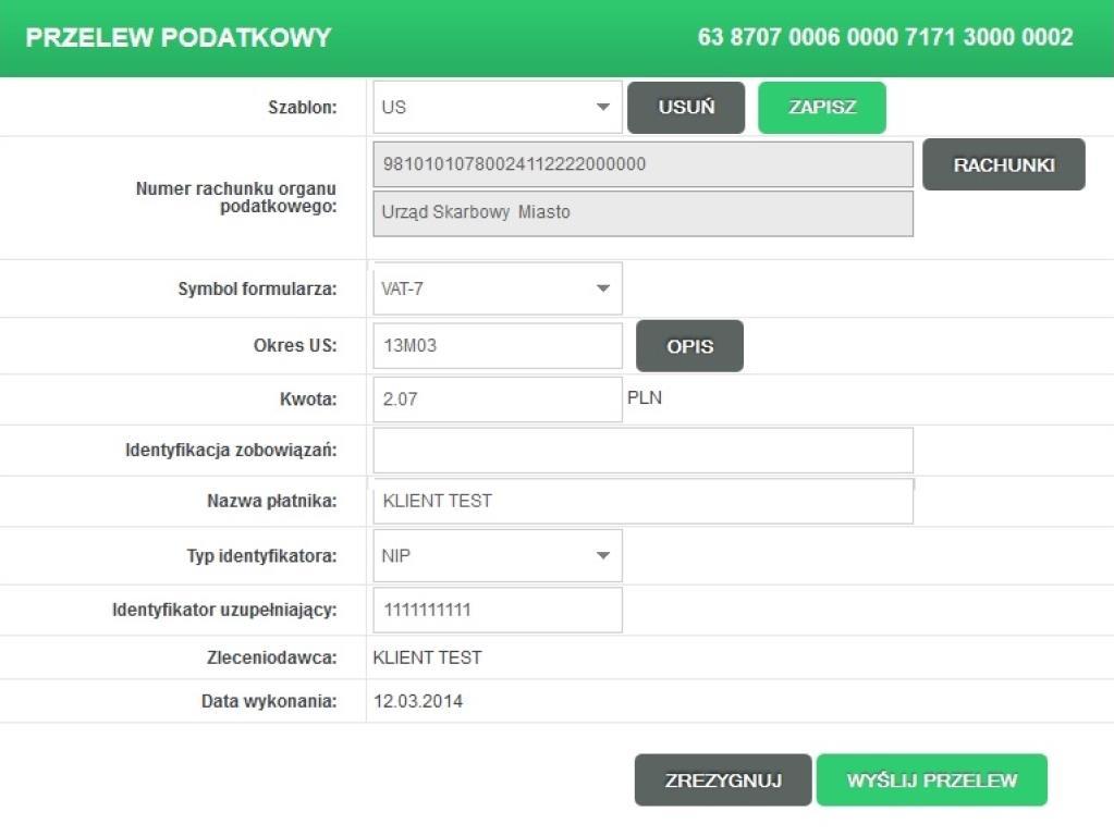 Szablon przelew US można zapisać w postaci szablonu. Szablonów może być dowolna ilość.