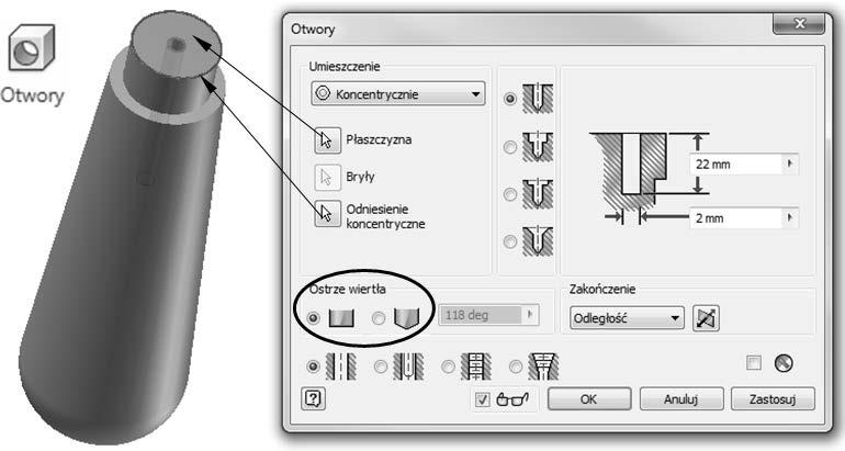 274 Inventor. Podstawy projektowania Rysunek 4.37. Generowanie otworu na powierzchni czo owej r koje ci Zaprojektowana r koje zostanie wykonana z drewna.