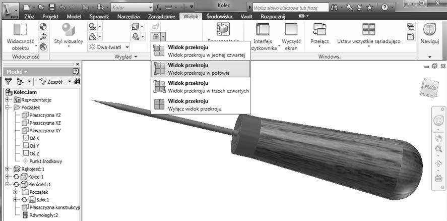 280 Inventor. Podstawy projektowania Rysunek 4.51. W czanie widoku przekroju Rysunek 4.52. Widok kolca w przekroju p aszczyzn XY Rysunek 4.53.
