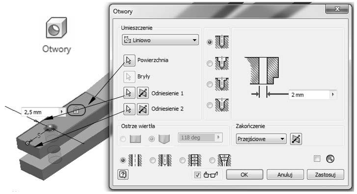 Przy generowaniu pierwszego otworu b dzie on odsuni ty od krótszej kraw dzi o 2,5 mm, a od d u szej o 5 mm. W przypadku drugiego otworu: od krótszej 2,5 mm, a od d u szej 10 mm (rysunek 4.