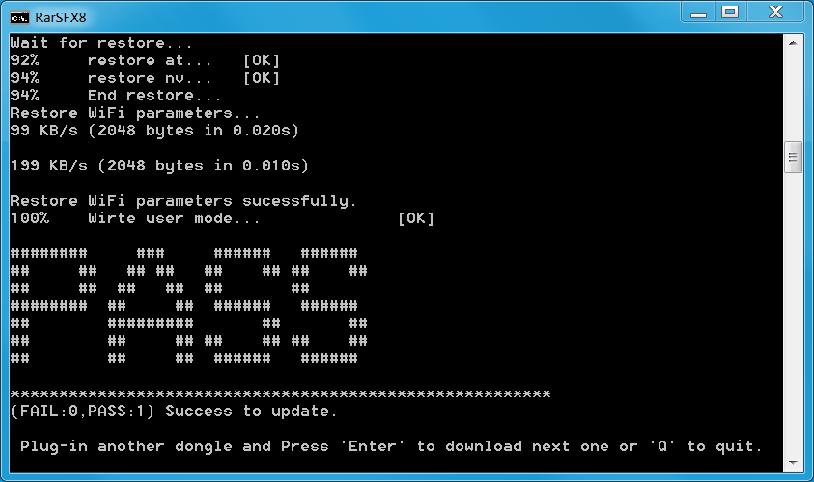 Po zakończeniu aktualizacji oprogramowania routera z sukcesem instalator informuje nas o tym poniższym ekranem (kluczowa jest informacja to: (FAIL:0,PASS:1) Success to update.