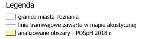 Rys. 88 Obszary zagrożone hałasem tramwajowym dla których zaproponowano działania przeciwhałasowe w ramach POŚpH 2018 W miejscach dla których mieszkańcy zgłaszali uciążliwość na hałas tramwajowy, ale