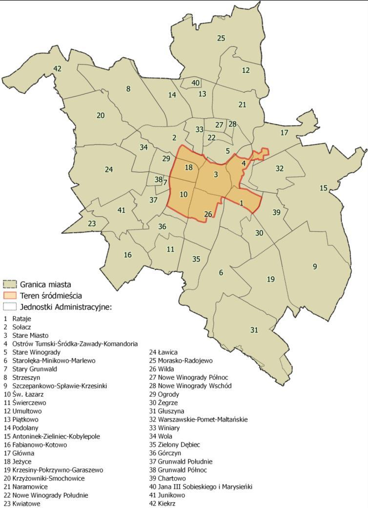 4 Zakres przestrzenny opracowania 4.1 Charakterystyka obszaru analizowanego w Programie Zasięg terytorialny Programu obejmuje cały obszar określony w Mapie akustycznej miasta Poznania 2017.