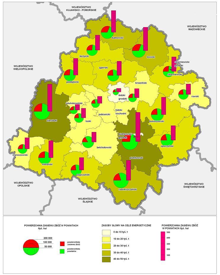 Rysunek 19. Potencjał energii słomy według powiatów w województwie łódzkim.