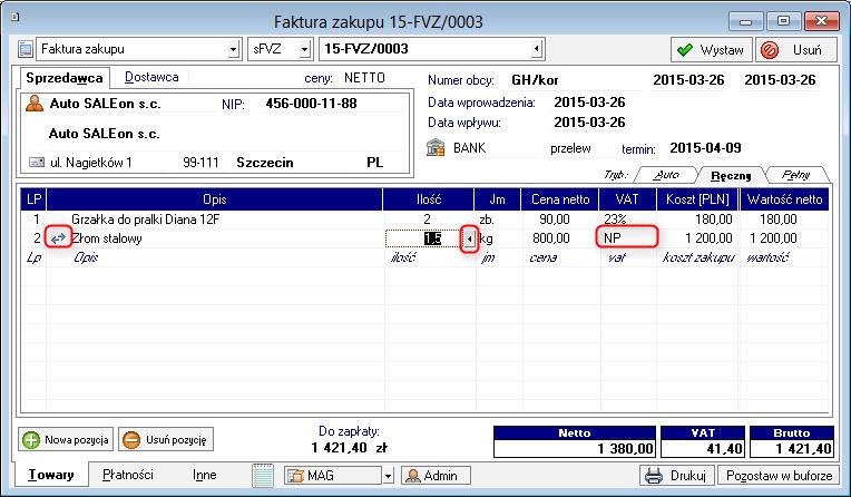 3.2.3 Wprwadzenie dkumentu Wprwadzając fakturę zakupu zawierającą pzycje bjęte dwrtnym bciążeniem raz pdatkwane, prgram autmatycznie ustawia: dwa rejestry VAT (naliczny i należny) dla pzycji, które w