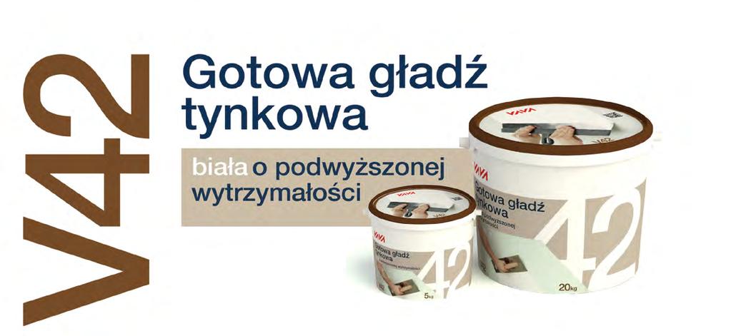 V 42 Gładź tynkowa V42 jest gotową zaprawą budowlaną przeznaczoną do prac wykończeniowych we wnętrzach oraz na zewnątrz, o ile stosowana będzie w miejscach nienarażonych na stałe zawilgocenie.