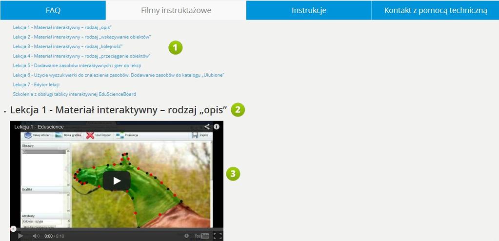 4.2. Filmy instruktażowe RYS. 9 PLATFORMA EDUSCIENCE POMOC FILMY INSTRUKTAŻOWE 1. Lista lekcji. 2. Pełny tytuł filmu instruktażowego. 3. Zawartość aktywna, film.