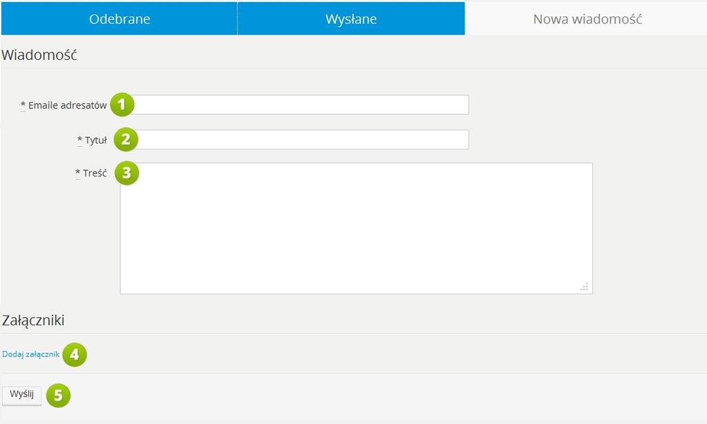 6.4. Nowa wiadomość RYS. 16 PLATFORMA EDUSCIENCE WIADOMOŚCI NOWA WIADOMOŚĆ 1. E-mail adresata osoby, do której ma zostać wysłana wiadomość. 2. Tytuł wiadomości. 3.