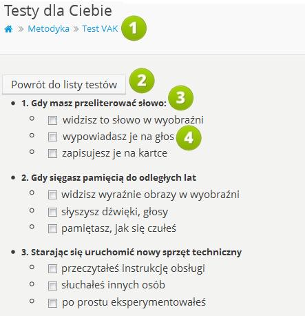 7.3. Wypełnianie testu RYS. 19 PLATFORMA EDUSCIENCE METODYKA WYPEŁNIANIE TESTU 1. Nazwa testu. 2. Powrót do listy testów kliknięcie przycisku cofa do widoku listy testów. 3. Pytanie. 4.