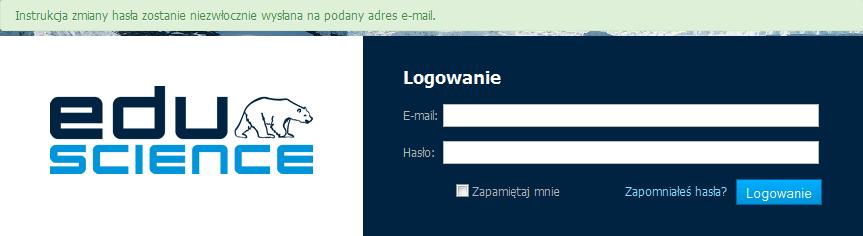 Jeśli wpisany przez nas adres e-mail nie znajduje się na platformie Eduscience, pole E-mail podświetli się na czerwono i poinformuje, że nie