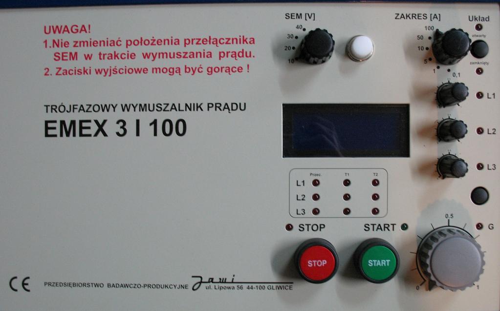 Rysunek 6: Płyta czołowa aparatu EMEX 3I100 Można wybrać SEM 10V dla wszystkich zakresów prądowych t.j 0,1A, 1A, 5A, 10A, 50A i100a.