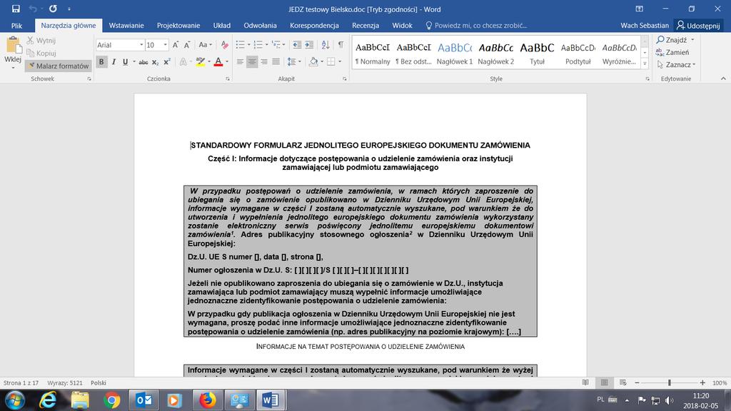 2. W tym celu należy otworzyć wersję edytowalną pliku (w programie WORD Pakietu Office -> zakładka plik eksportuj utwórz