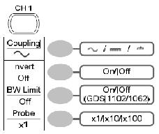 Menu kanałów CH1/2 Włączanie/wyłączanie wyświetlania wybranego kanału: Wybieranie trybu sprzężenia: Odwracanie