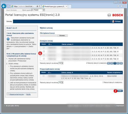 Wyświetlana jest lista umów. Wybierz <Browse...> (Przeszukaj). Zostaje otwarte okno dialogowe "Choose File to Upload" (Wybierz plik do wysłania). Wybierz plik zamówienia licencji "licenserequest.