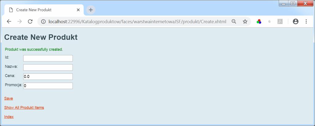 Widok aplikacji JSF (3) - po wyborze Create New Produkt Widok aplikacji