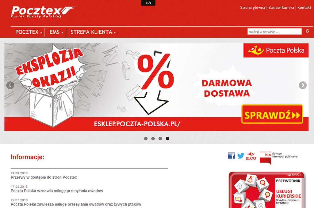 pocztex.pl Na stronie pocztex.pl większość grafik nie została poprawnie opisana tekstem alternatywnym. Jest to szczególnie istotne dla tych, które są odnośnikami.