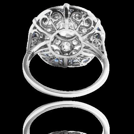 Platynowy pierścionek w stylu Art Deco z szafirami i diamentami 1 brylant w starym szlifie o masie około 1.