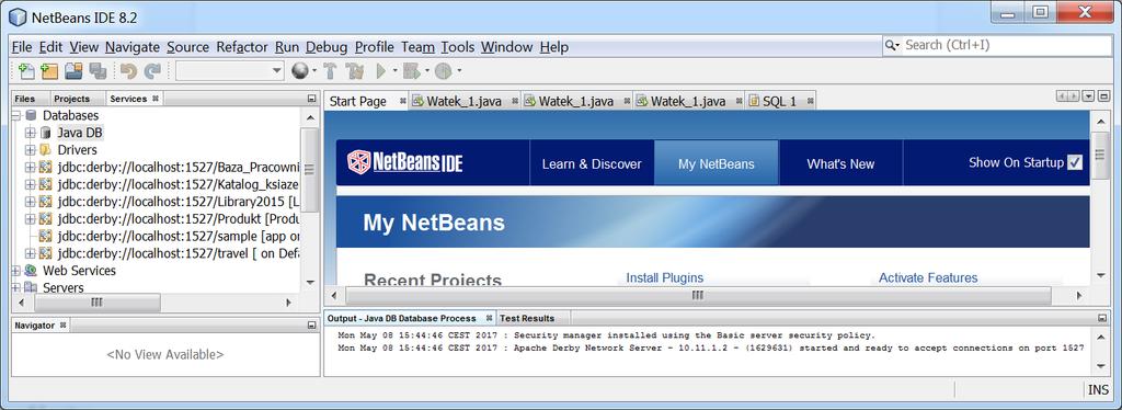 Uruchom program Baza_1 w środowisku NetBeans 8.2 załącznik do laboratorium. Należy uruchomić serwer bazy danych.