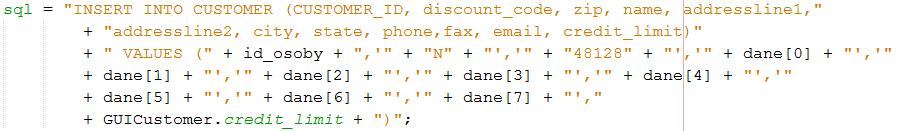 5.5. Dodaj metodę public void wstaw_osobe(string[] dane) do klasy baza_3 w celu dodania nowej krotki do tabeli CUSTOMER public void wstaw_osobe(string[] dane) throws SQLException { String id_osoby;
