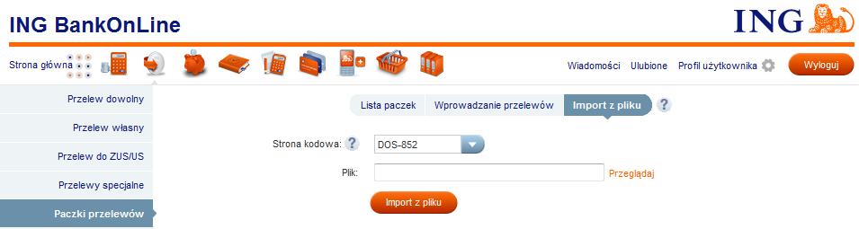 Przelewy, w zakładce Paczki przelewów wskazując w oknie paczek opcję Import z pliku.