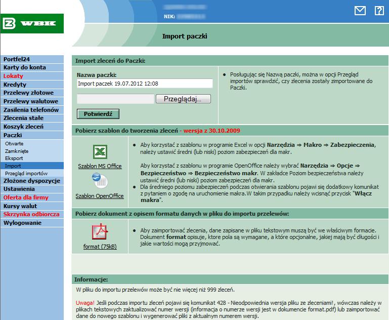 Konfiguracja systemów bankowych, Sage sp. z o.o. Strona 23 z 47 9 Bank Zachodni WBK (Serwis MOJA FIRMA PLUS) 9.