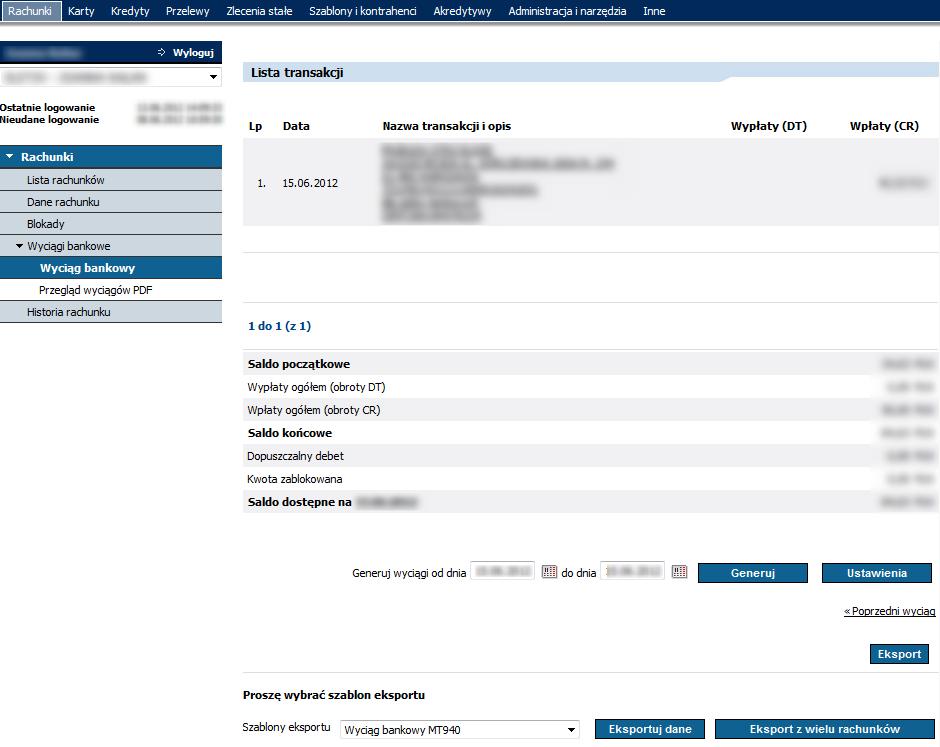 Wyciąg bankowy. Po wybraniu rachunku i określeniu daty, użycie przycisku Wykonaj wyświetla listę transakcji.