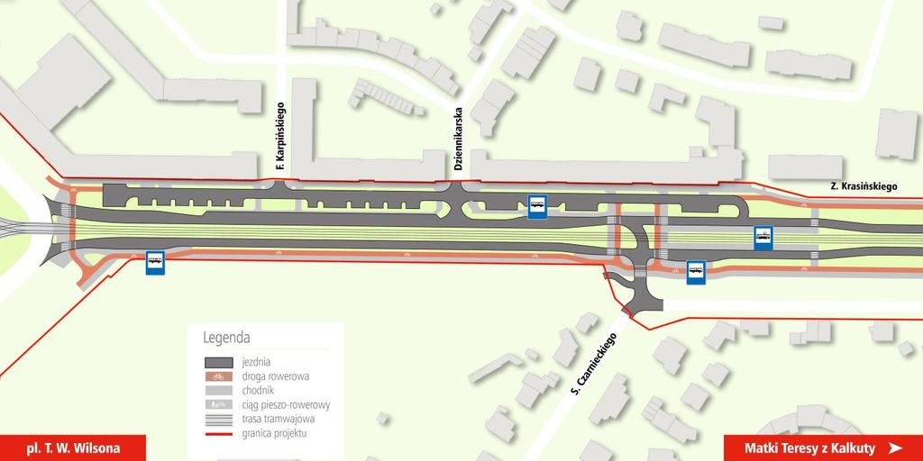 Główne zmiany w stosunku do projektu wyjściowego: - Zmiana szerokości jezdni ul. Krasińskiego zwężenie z 2 do 1 pasa ruchu w każdą stronę; wprowadzenie dodatkowego pasa na wlocie ul.