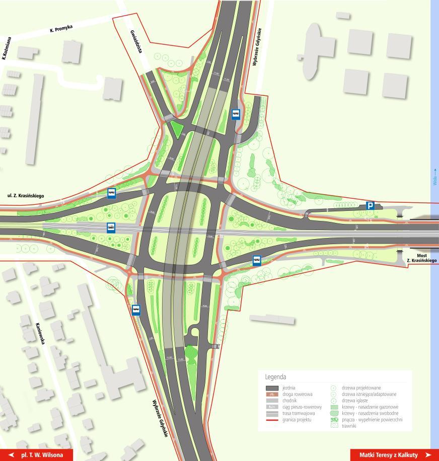 Węzeł z Wisłostradą szerokość jezdni liczba pasów ruchu szerokość pasów ruchu lokalizacja przejść dla pieszych sposób prowadzenia ruchu rowerowego zieleń - analiza możliwości