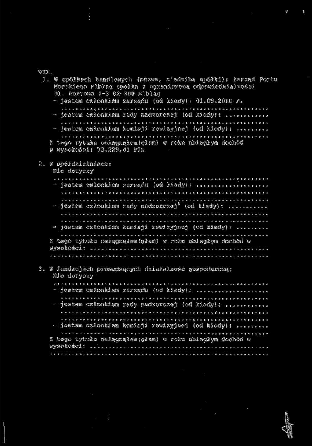 VII. 1. W spółkach handlowych (nazwa, siedziba spółki): Zarząd Portu Morskiego Elbląg spółka z ograniczona, odpowiedzialności Ul. Portowa 1-3 82-300 Elbląg - jestem członkiem zarządu (od kiedy): 01.