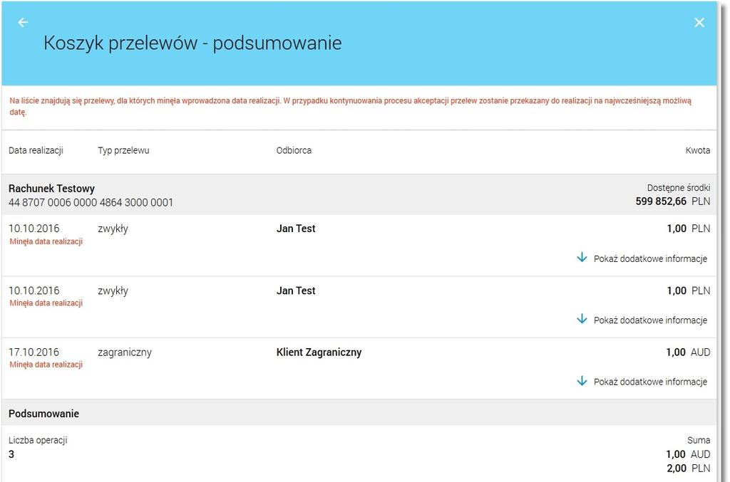 Zbiorcza akceptacja możliwa jest do realizacji dla różnych typów zleceń (w szczególności przelewów z różnych rachunków źródłowych oraz na różne rachunki docelowe, zleceń stałych), dla różnych walut i