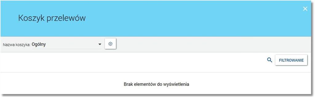 W sytuacji, gdy w koszyku przelewów nie ma zleceń oczekujących na akceptację przez użytkownika wówczas prezentowany jest komunikat: " Brak elementów do