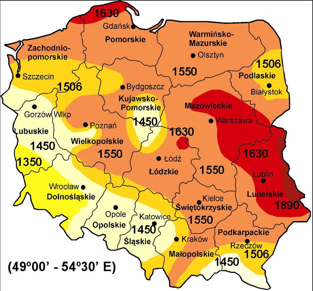 Szacowanie napromieniowania Średnioroczne sumy usłonecznienia dla reprezentatywnych rejonów Polski