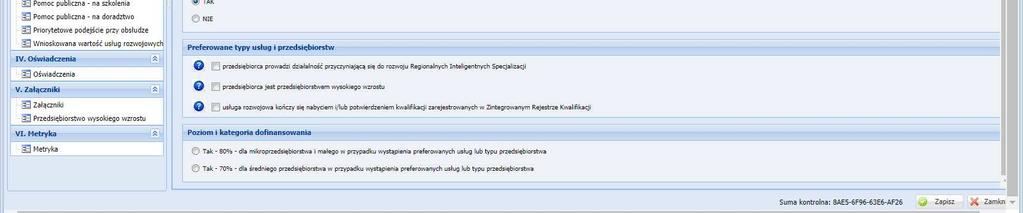 Zaznaczając pomoc de minimis system informatyczny PSF wylicza jaki poziom dofinansowania należny jest Przedsiębiorcy.