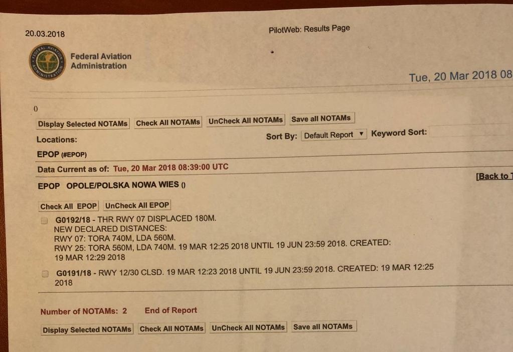 Rys. nr 5 NOTAM lotniska EPOP wyłączający RWY 12/30 z użycia do 19.07.2018 r. Warunki atmosferyczne: Nie miały wpływu na zaistniałe zdarzenie.