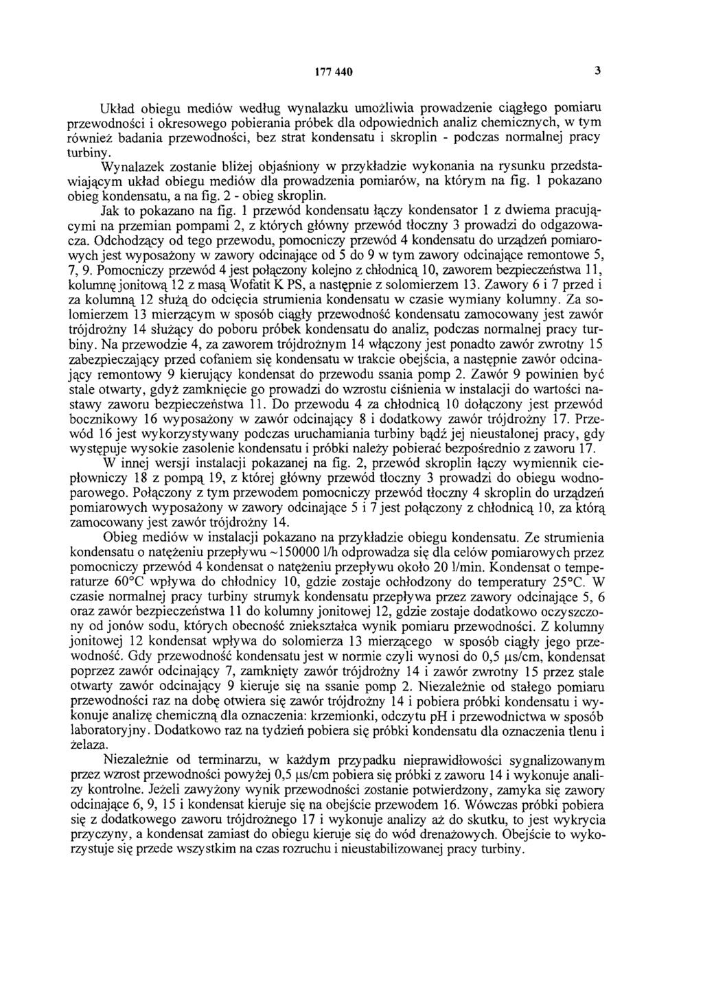 177 440 3 Układ obiegu mediów według wynalazku umożliwia prowadzenie ciągłego pomiaru przewodności i okresowego pobierania próbek dla odpowiednich analiz chemicznych, w tym również badania