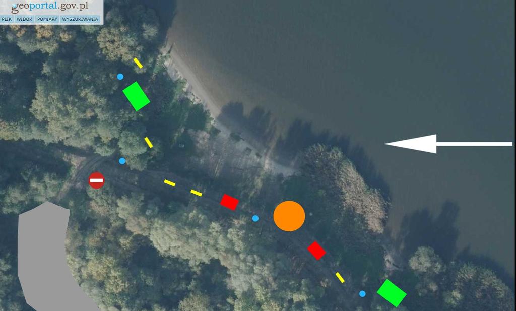 Mapa terenu: Oznaczenie: szary utwardzenie drogi żółty ławki niebieski śmietniki zielony altanki pomarańczowy miejsce