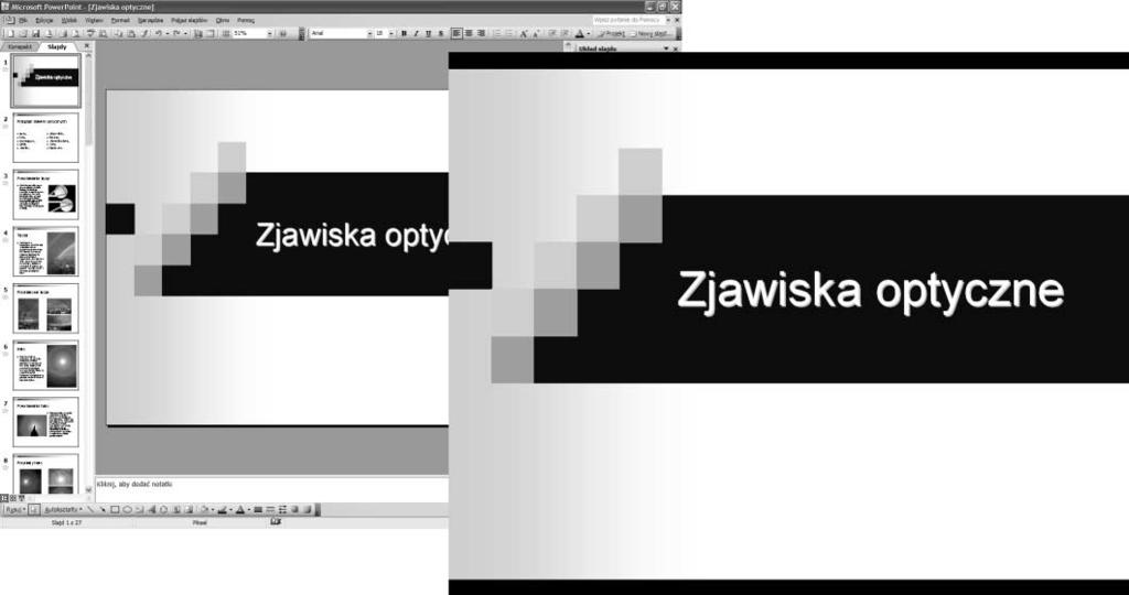 68 PowerPoint 2003 PL. Ćwiczenia Rysunek 3.64. Wygląd ekranu w trybie edycji i prezentacji W praktyce znacznie wygodniejsze nawigowanie pomiędzy slajdami umożliwia klawiatura.