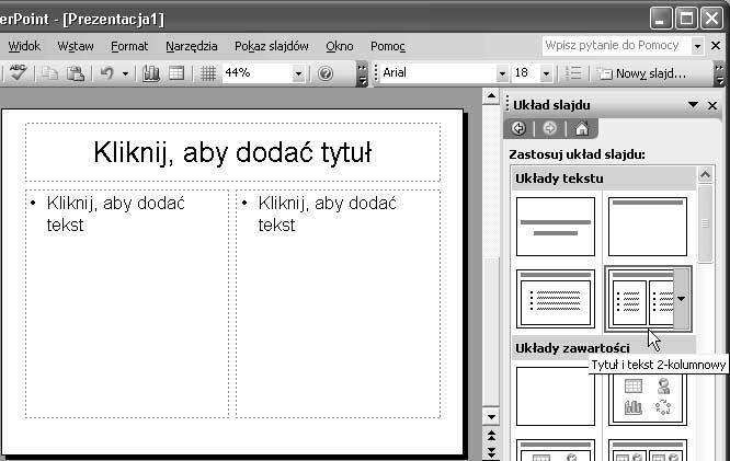 Wstawienie nowego slajdu do prezentacji jest możliwe za pomocą przycisku Nowy slajd, widocznego w prawym górnym rogu okna programu, na pasku formatowania (rysunek 3.