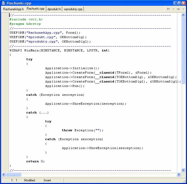 2 Główny plik GUI z automatycznie dołączonym obiektem formularza głównego typu TForm1, obiektem okna