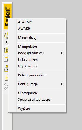 24 GUARDX SATEL Rys. 12. Menu dodatkowe. ALARMY kliknij, aby wyświetlić okno ALARM (patrz: ALARM ). Polecenie jest wyświetlane, gdy w systemie alarmowym jest alarm.