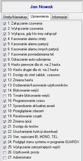 SATEL GUARDX 41 Strefy lista stref w systemie. Zaznacz, do których stref użytkownik ma mieć dostęp. Numery zaznaczonych stref prezentowane są w kolumnie Strefy.