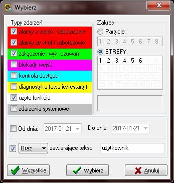 SATEL GUARDX 49 Rys. 30. Okno Wybierz. Zakres zakres wyświetlanych zdarzeń możesz zawęzić do wybranych partycji albo stref: Partycje zdarzenia będą filtrowane według partycji.