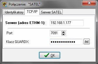 6 GUARDX SATEL Rys. 3. Zakładka TCP/IP w oknie Połączenie. Serwer (adres ETHM-1) adres modułu ethernetowego.