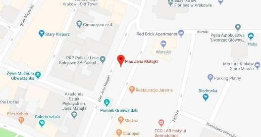 WYJAZD MIEJSCE ZBIÓRKI 1 LIPCA 2018 -NIEDZIELA KRAKÓW Plac Jana Matejki (mapka poniżej) GODZINA ZBIÓRKI 10:25 GODZINA WYJAZDU 10:40 PRZYJAZD DO HOTELU POWRÓT 12:30-13:00 - osoby dojeżdżające na