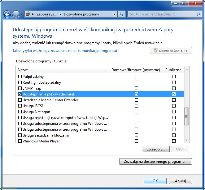 Zaloguj się w systemie Windows jako użytkownik z uprawnieniami administratora. Sprawdź udostępnianie plików i drukarek.